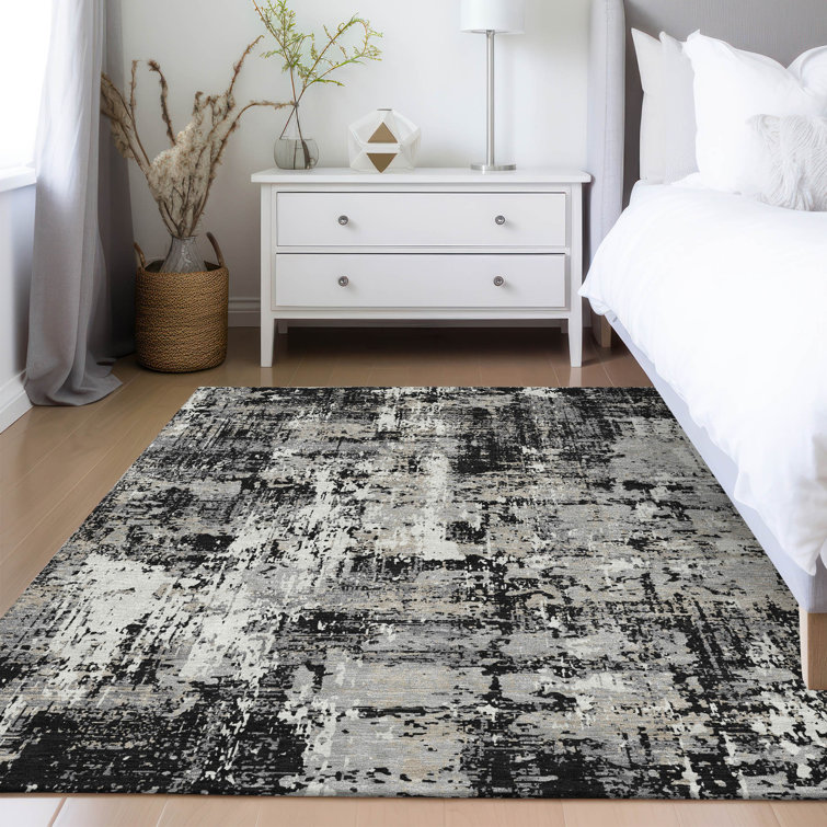 Black and Gray Abstract Synthetic 3' x 5' Area Rug