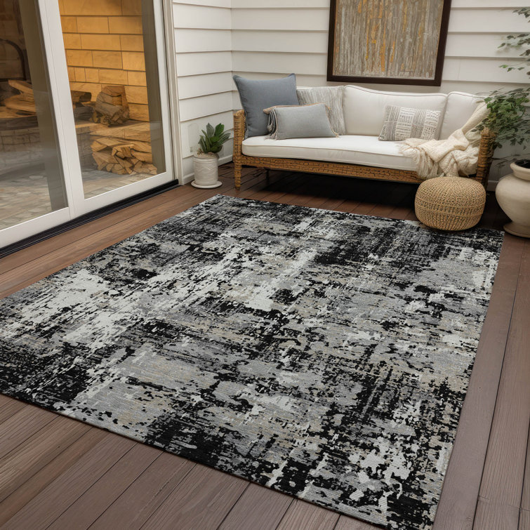 Black and Gray Abstract Synthetic 3' x 5' Area Rug