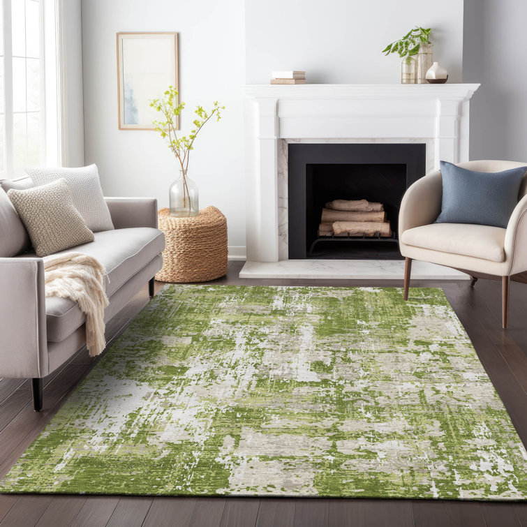 Green Abstract Flat Woven Washable Synthetic Rug 2'6" x 3'10"