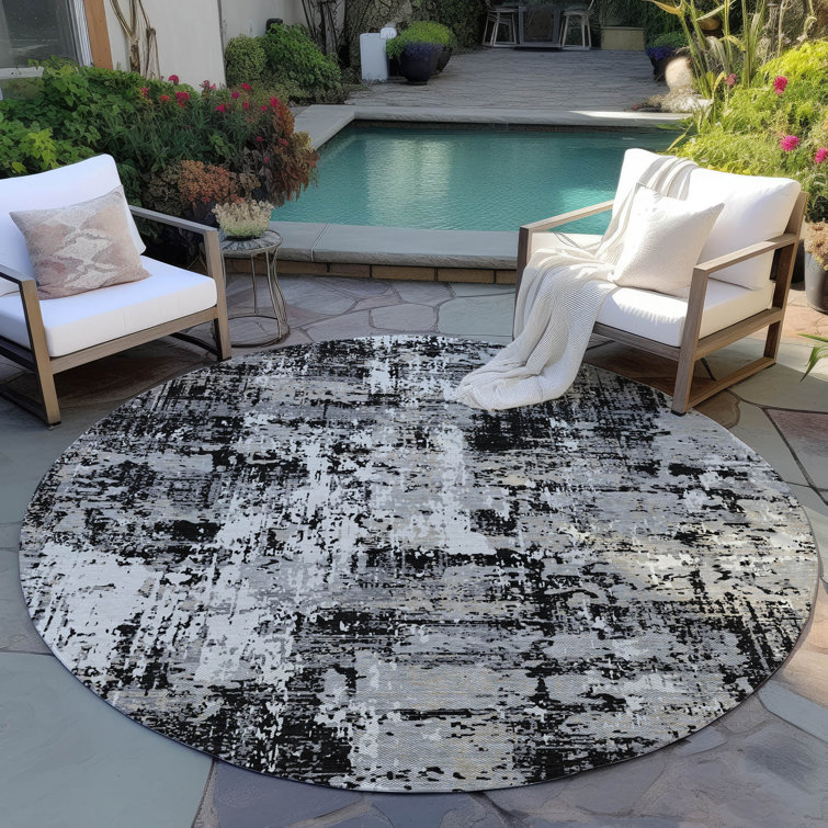 Black Abstract Round Synthetic 8' Washable Area Rug