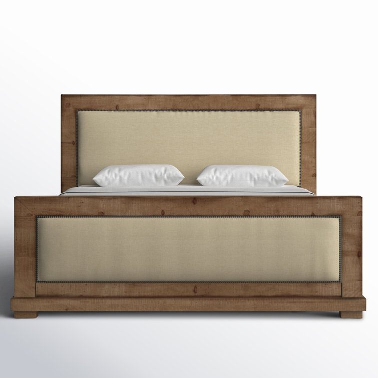 Rustic Pine King Bed with Nailhead Trim Upholstered Headboard