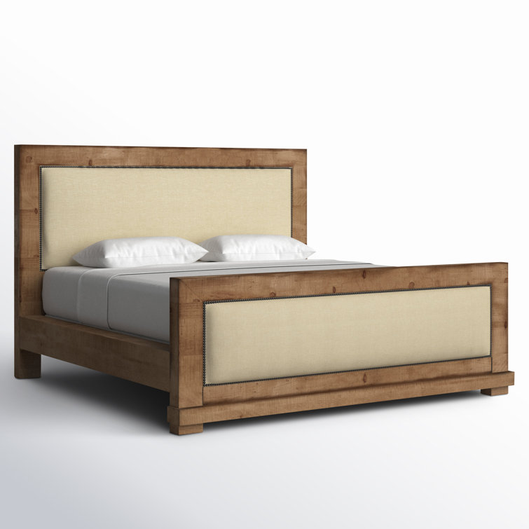 Rustic Pine King Bed with Nailhead Trim Upholstered Headboard