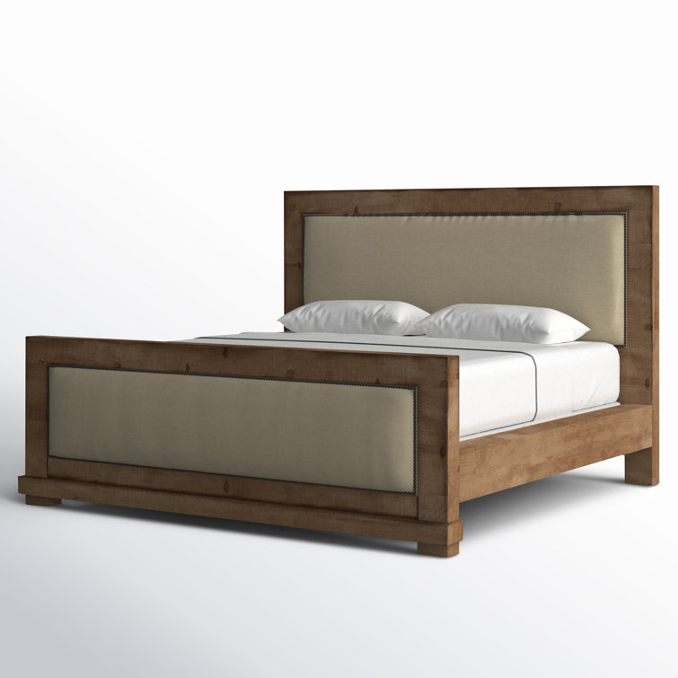 Rustic Pine King Bed with Nailhead Trim Upholstered Headboard
