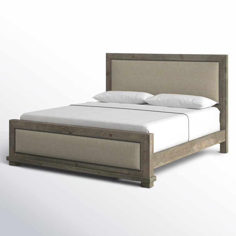 Rustic Beige King Upholstered Bed with Nailhead Trim and Pine Frame
