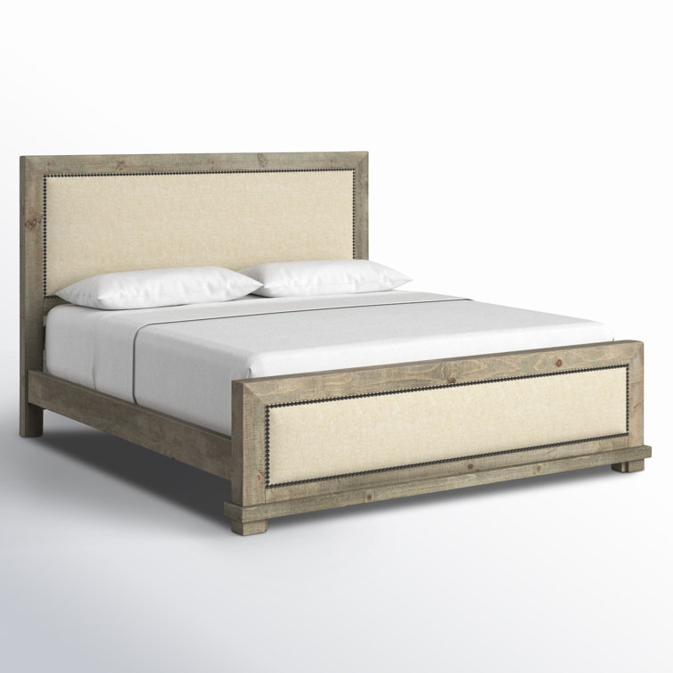 Rustic Beige King Upholstered Bed with Nailhead Trim and Pine Frame