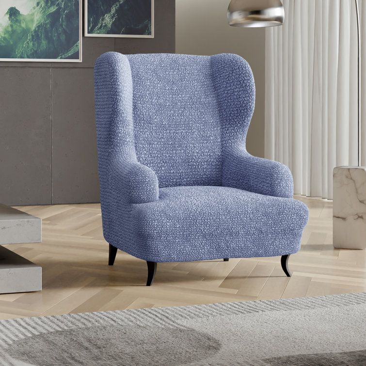 Blue Stretch Wingback Chair Slipcover with Elastic Closure