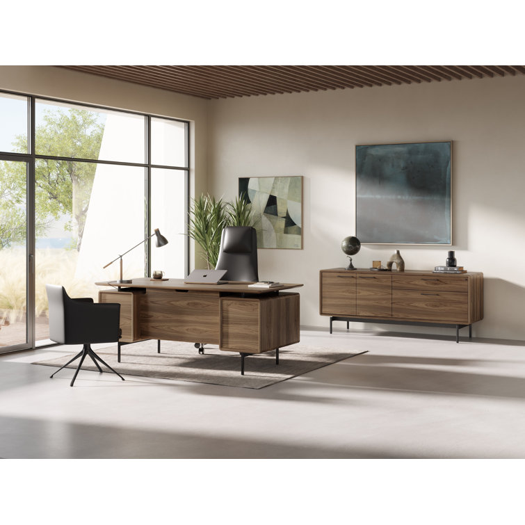 Natural Walnut Executive Desk with Filing Cabinet and Power Outlet