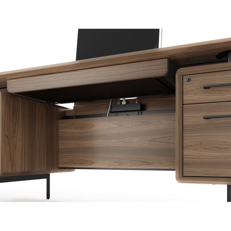 Natural Walnut Executive Desk with Filing Cabinet and Power Outlet