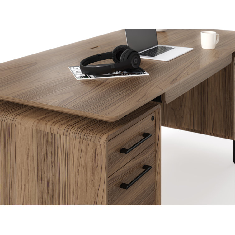 Natural Walnut Executive Desk with Filing Cabinet and Power Outlet