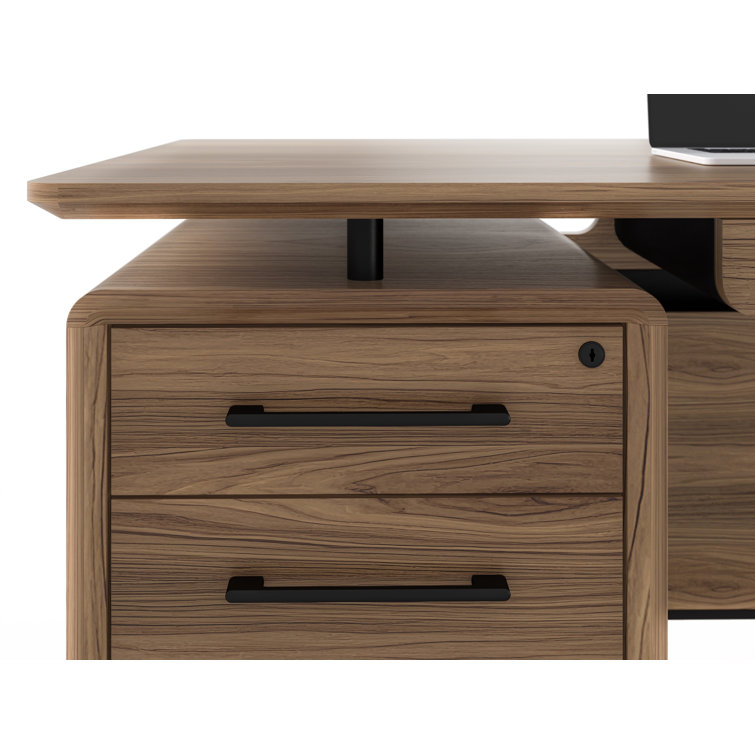 Natural Walnut Executive Desk with Filing Cabinet and Power Outlet