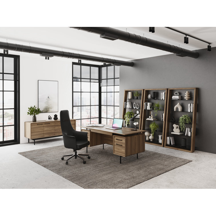 Natural Walnut Executive Desk with Filing Cabinet and Power Outlet