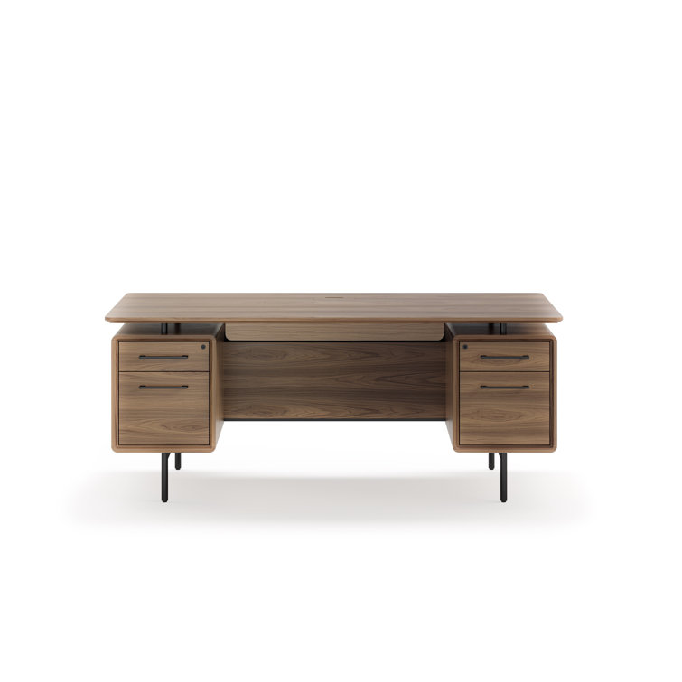 Natural Walnut Executive Desk with Filing Cabinet and Power Outlet
