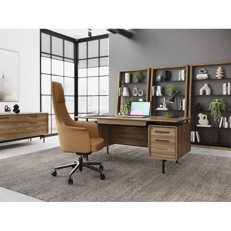 Natural Walnut Executive Desk with Filing Cabinet and Power Outlet