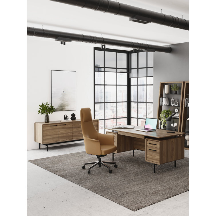 Natural Walnut Executive Desk with Filing Cabinet and Power Outlet