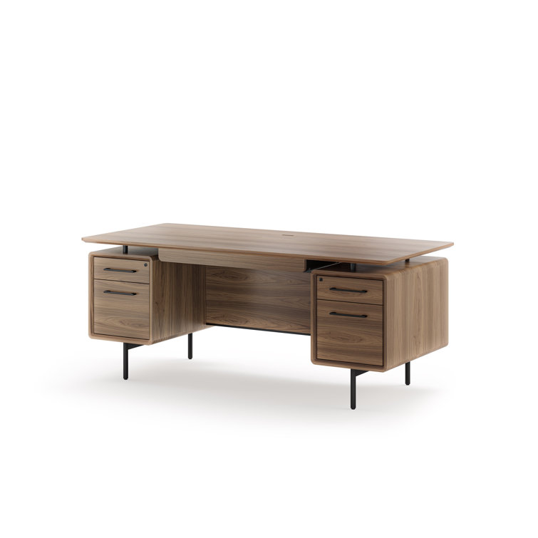 Natural Walnut Executive Desk with Filing Cabinet and Power Outlet
