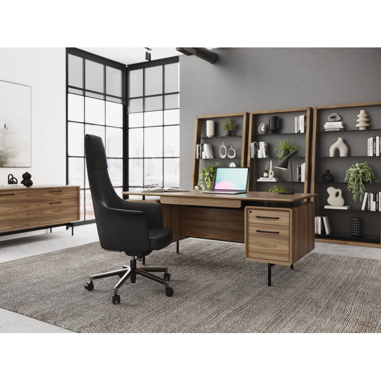 Natural Walnut Executive Desk with Filing Cabinet and Power Outlet
