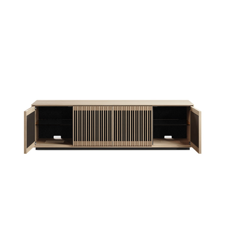 Washed Oak 4-Door Media Storage Cabinet with Tempered Glass Shelves