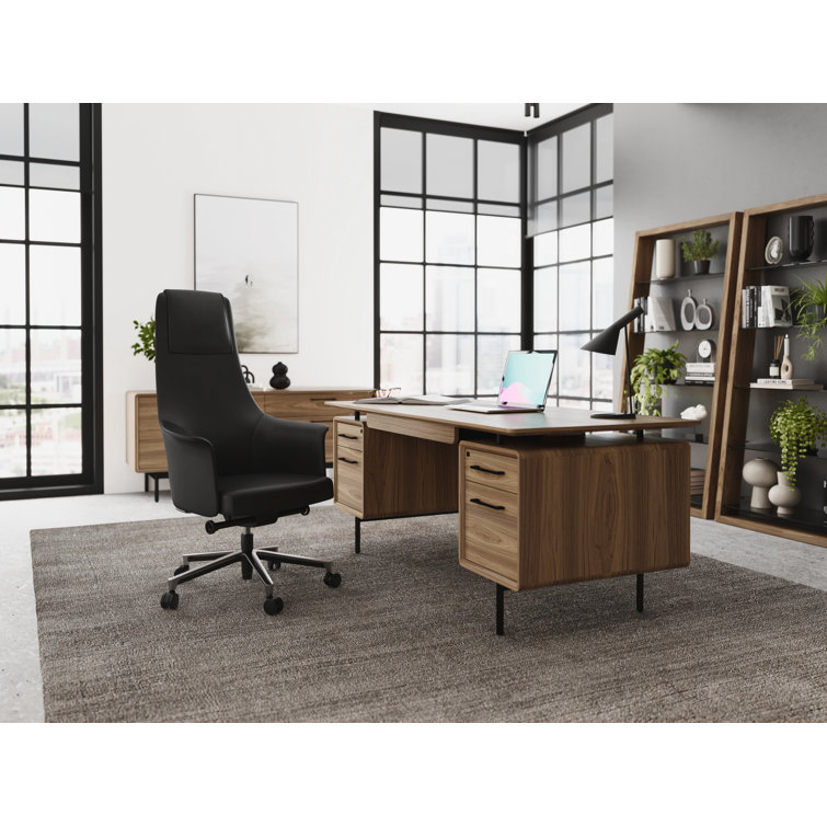 Natural Walnut Executive Desk with Filing Cabinet and Power Outlet