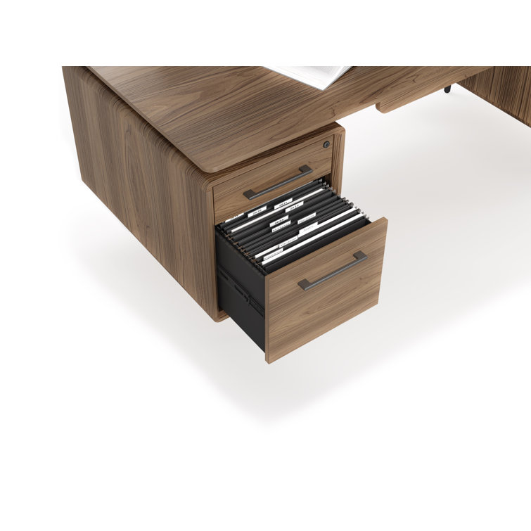 Natural Walnut Executive Desk with Filing Cabinet and Power Outlet