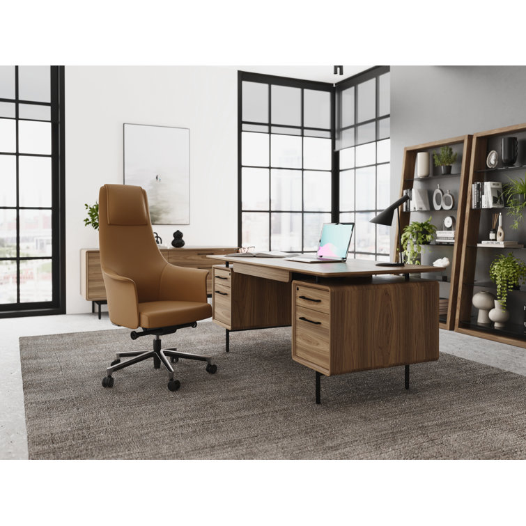 Natural Walnut Executive Desk with Filing Cabinet and Power Outlet