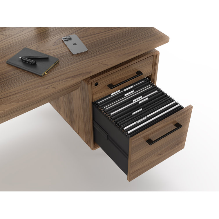 Natural Walnut Executive Desk with Filing Cabinet and Power Outlet