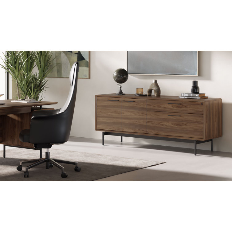 Natural Walnut Executive Desk with Filing Cabinet and Power Outlet