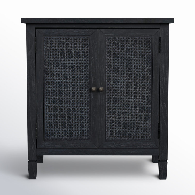Washed Black Mindi Wood Cane Cabinet with Bronze Hardware