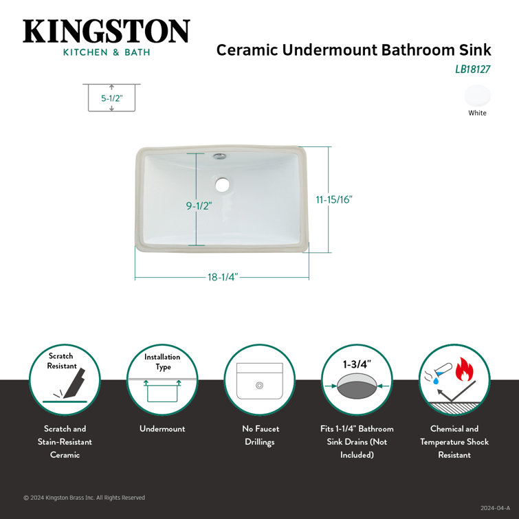 White Ceramic Rectangular Undermount Bathroom Sink