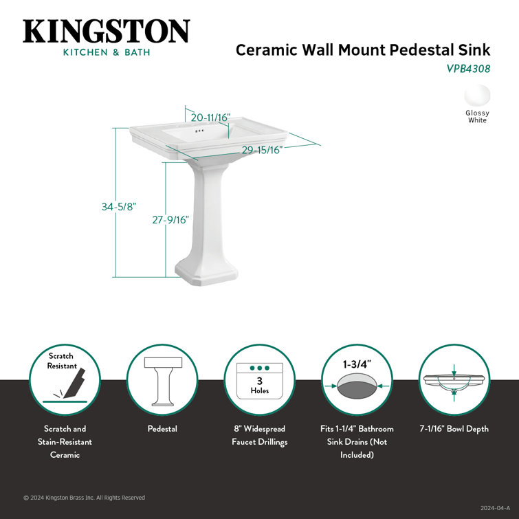 Imperial White Ceramic Pedestal Sink, 30"
