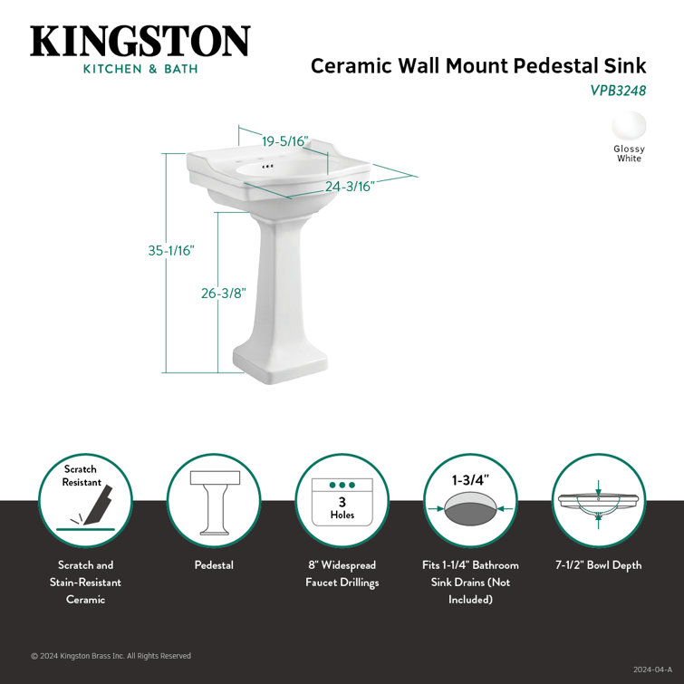 White Ceramic Rectangular Pedestal Bathroom Sink with Overflow