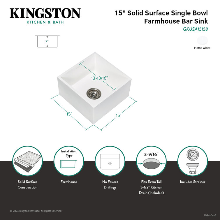 Arcticstone Matte White Solid Surface 15-Inch Square Bar Sink
