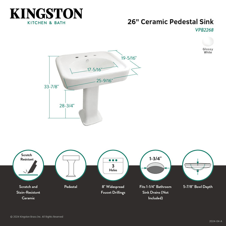 White Ceramic Pedestal Bathroom Sink with Rectangular Basin