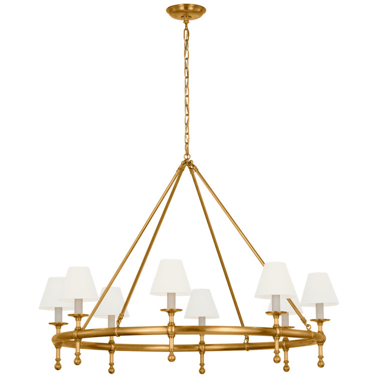Antique-Burnished Brass 8-Light Chandelier with Linen Shades