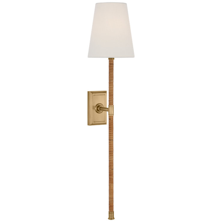 Antique Burnished Brass and Natural Rattan Wall Sconce with Linen Shade