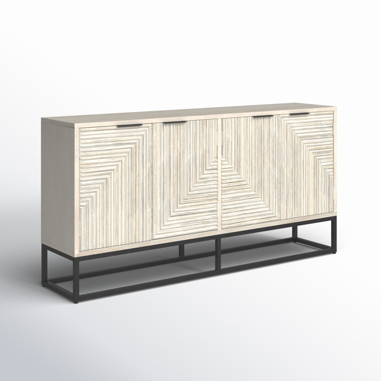 White Wash Mango Wood Sideboard with Geometric Carved Doors