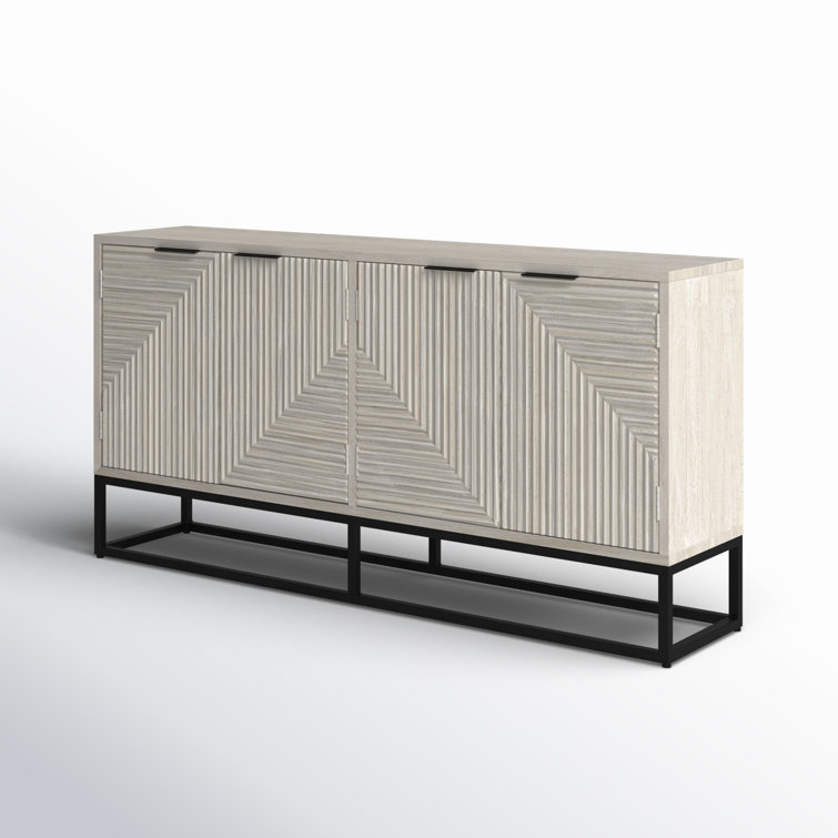White Wash Mango Wood Sideboard with Geometric Carved Doors