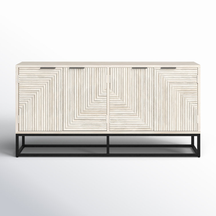 White Wash Mango Wood Sideboard with Geometric Carved Doors