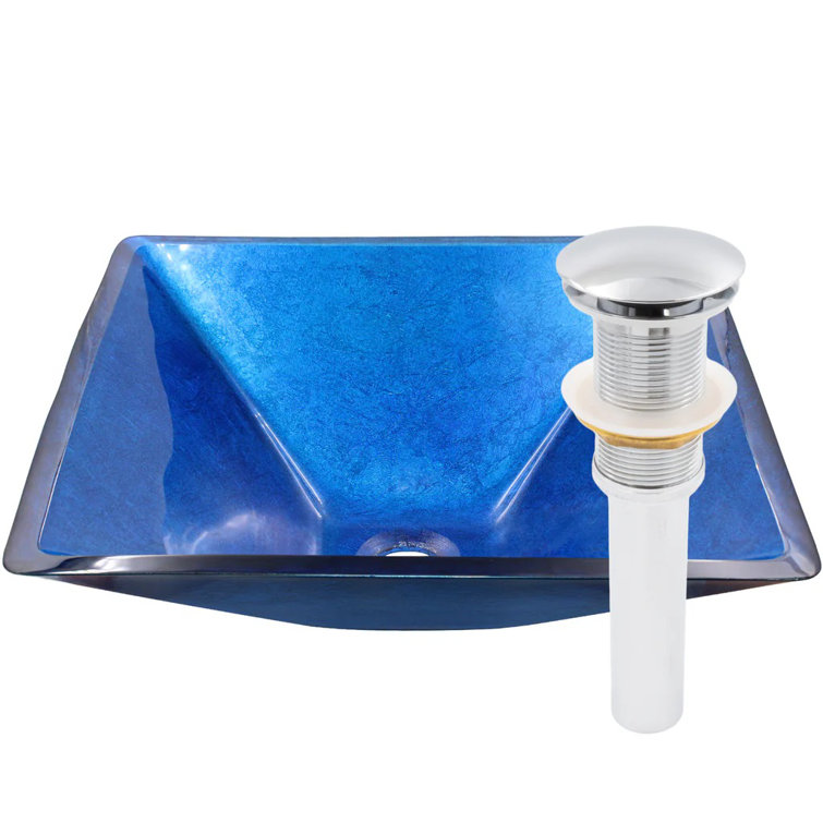 Verdazzurro Bright Blue Glass Square Vessel Sink with Chrome Drain