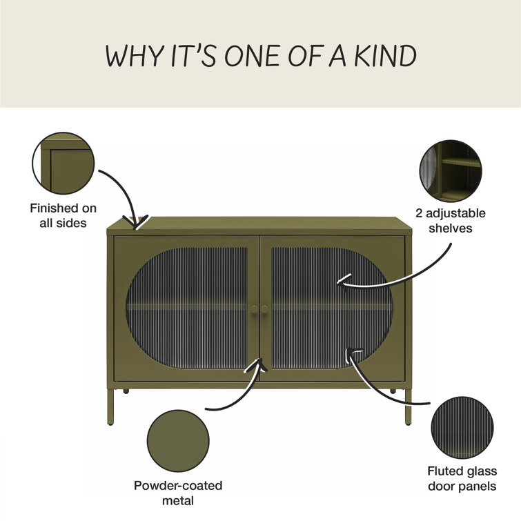 Olive Green Metal Accent Cabinet with Adjustable Shelving and Fluted Glass