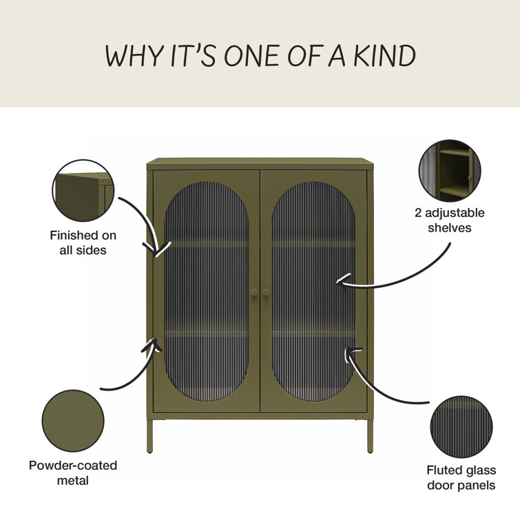 Olive Green Metal Accent Cabinet with Fluted Glass Doors