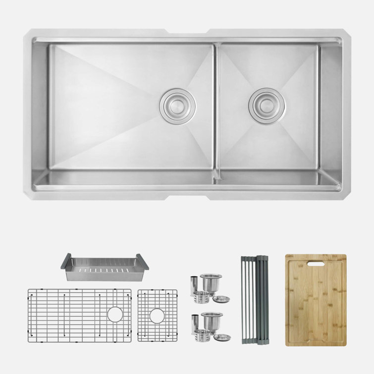 Versa 36'' Stainless Steel Double Bowl Kitchen Sink with Accessories