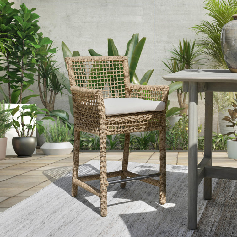 Brisbane Coastal Brown Wicker and Metal Counter Stool with Cushion