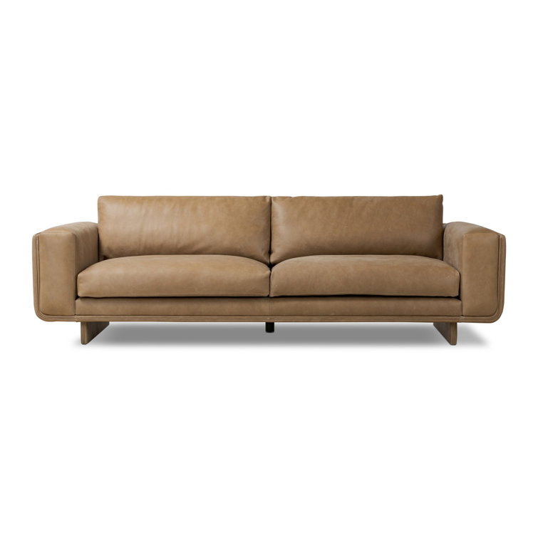 Taupe Leather Midcentury Modern Sofa with Boxed Arms