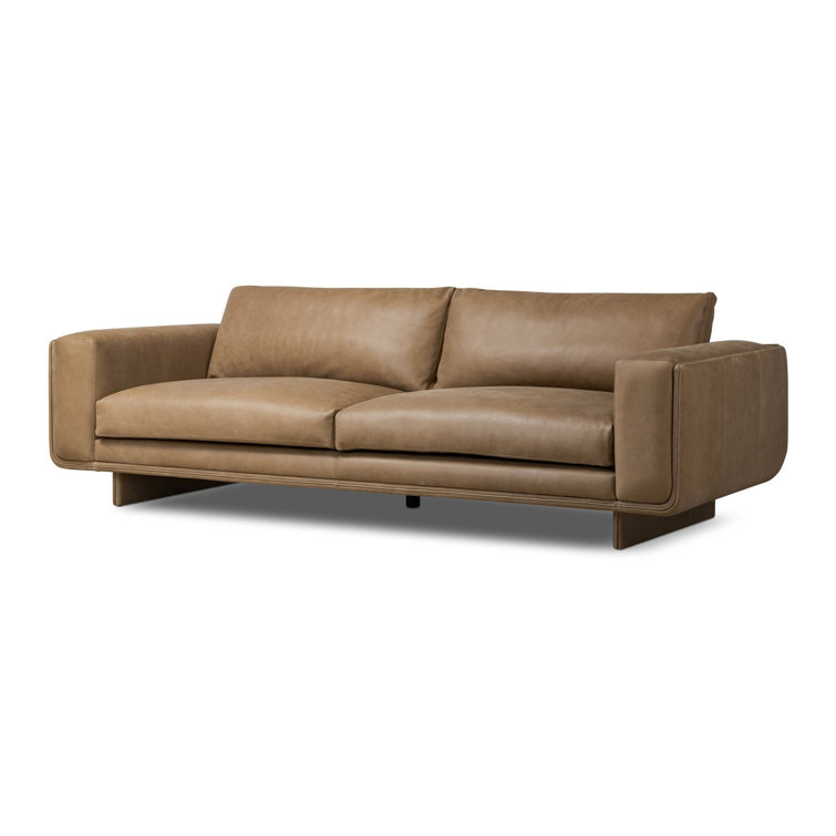 Taupe Leather Midcentury Modern Sofa with Boxed Arms