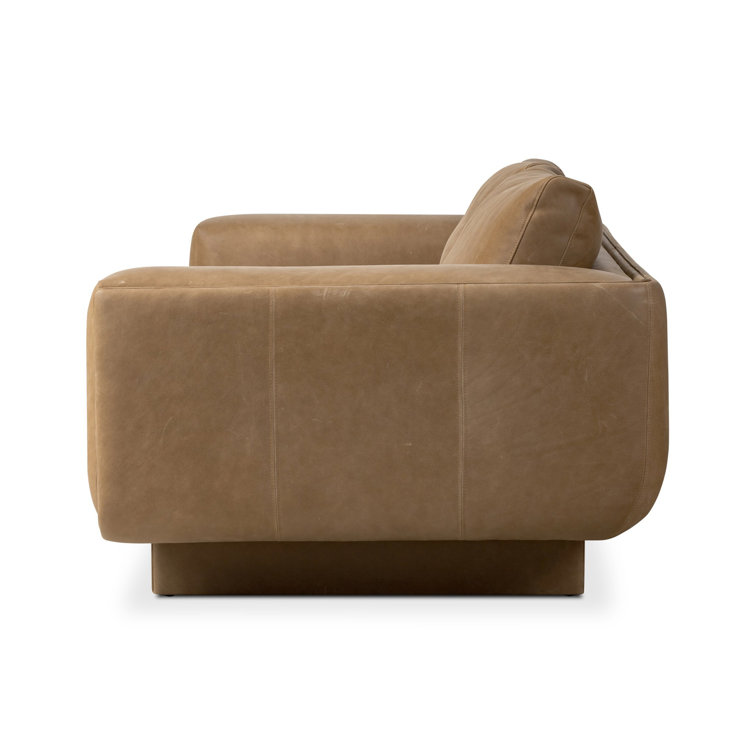 Taupe Leather Midcentury Modern Sofa with Boxed Arms
