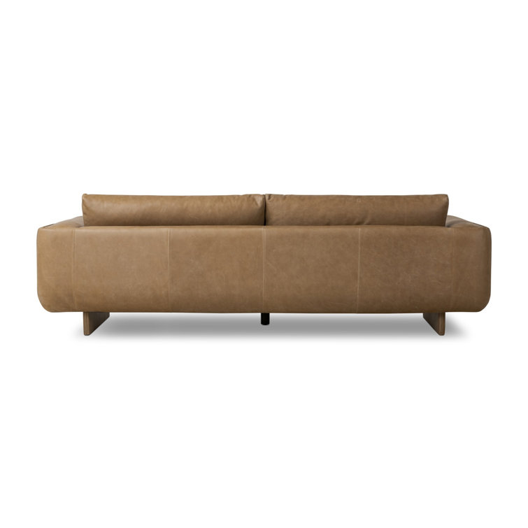 Taupe Leather Midcentury Modern Sofa with Boxed Arms