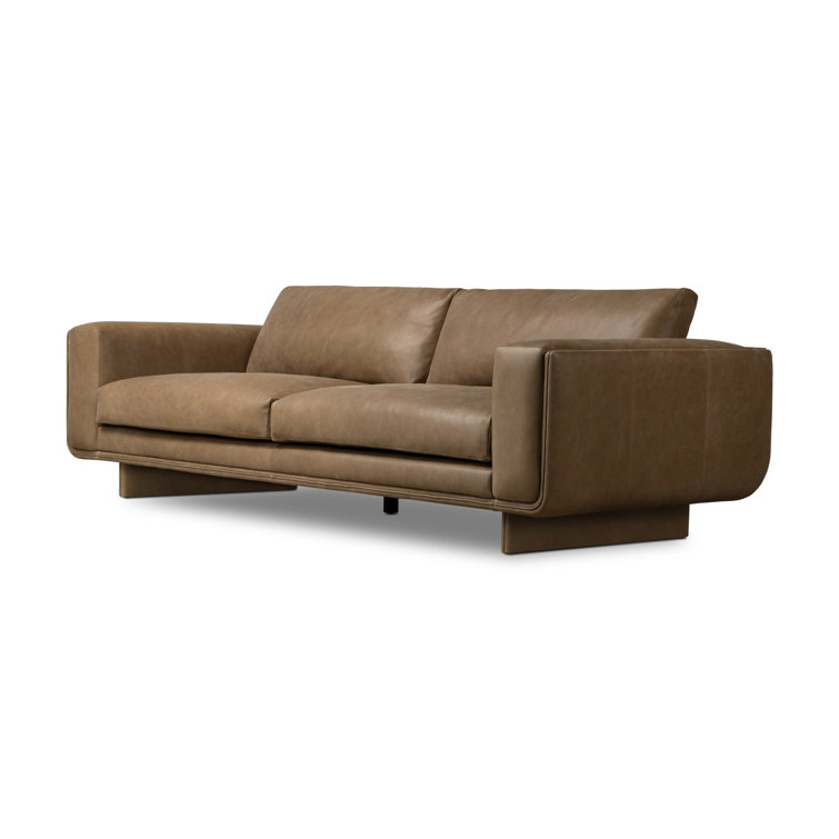 Taupe Leather Midcentury Modern Sofa with Boxed Arms