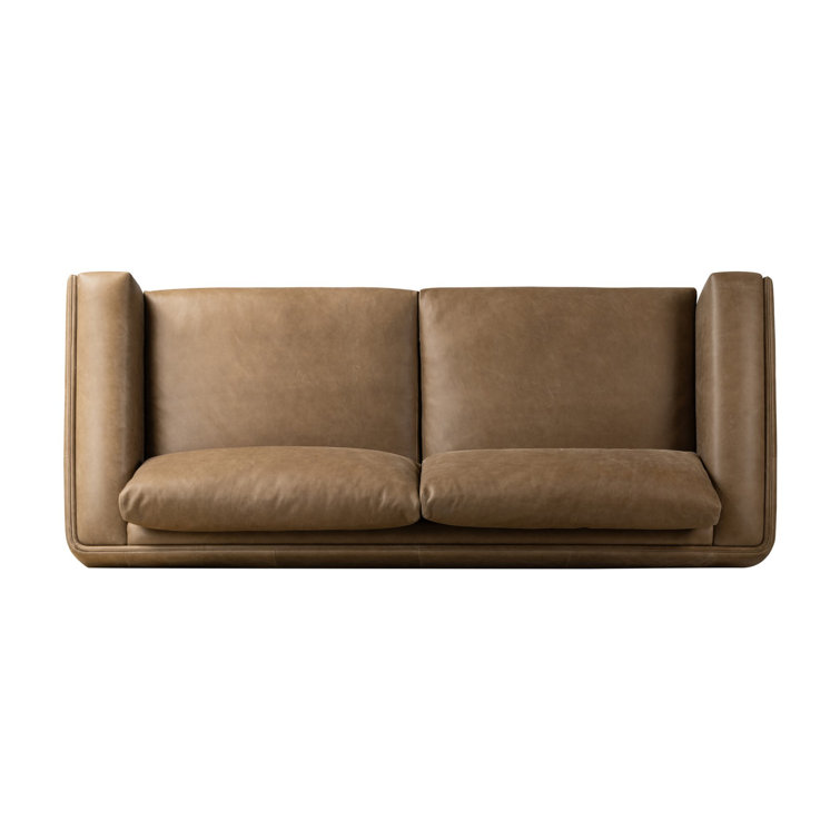 Taupe Leather Midcentury Modern Sofa with Boxed Arms