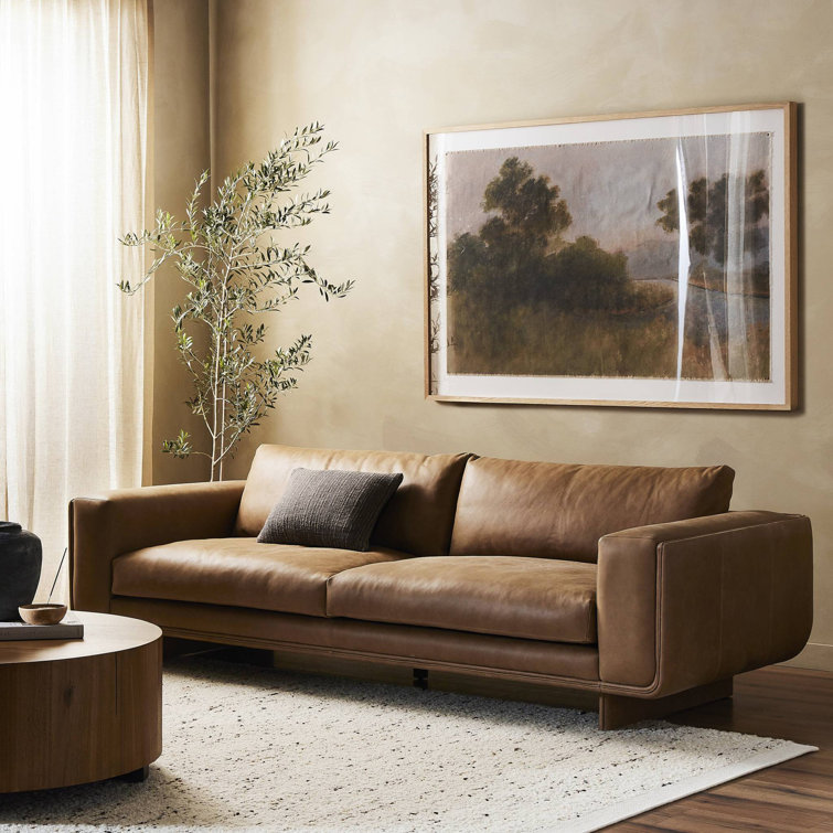 Taupe Leather Midcentury Modern Sofa with Boxed Arms