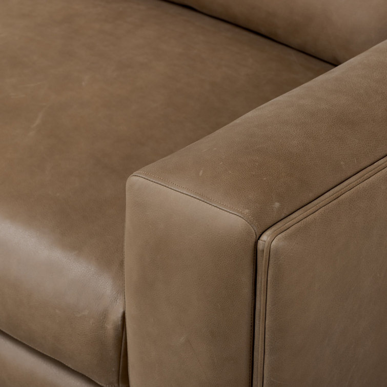 Taupe Leather Midcentury Modern Sofa with Boxed Arms